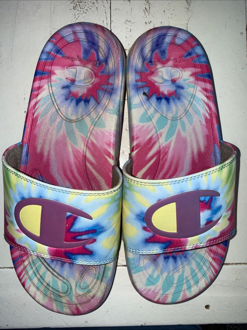 Champion ladies size 7 Tie-Dye Slide Sandals - Pink Blue Yellow